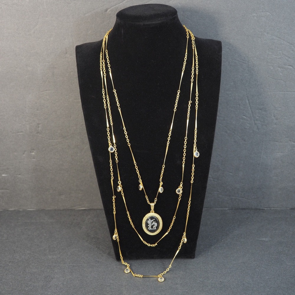 Goldette NY Necklace Triple Strand Clear Bezel Intaglio Pendant Gold Tone MCM - Picture 2 of 10